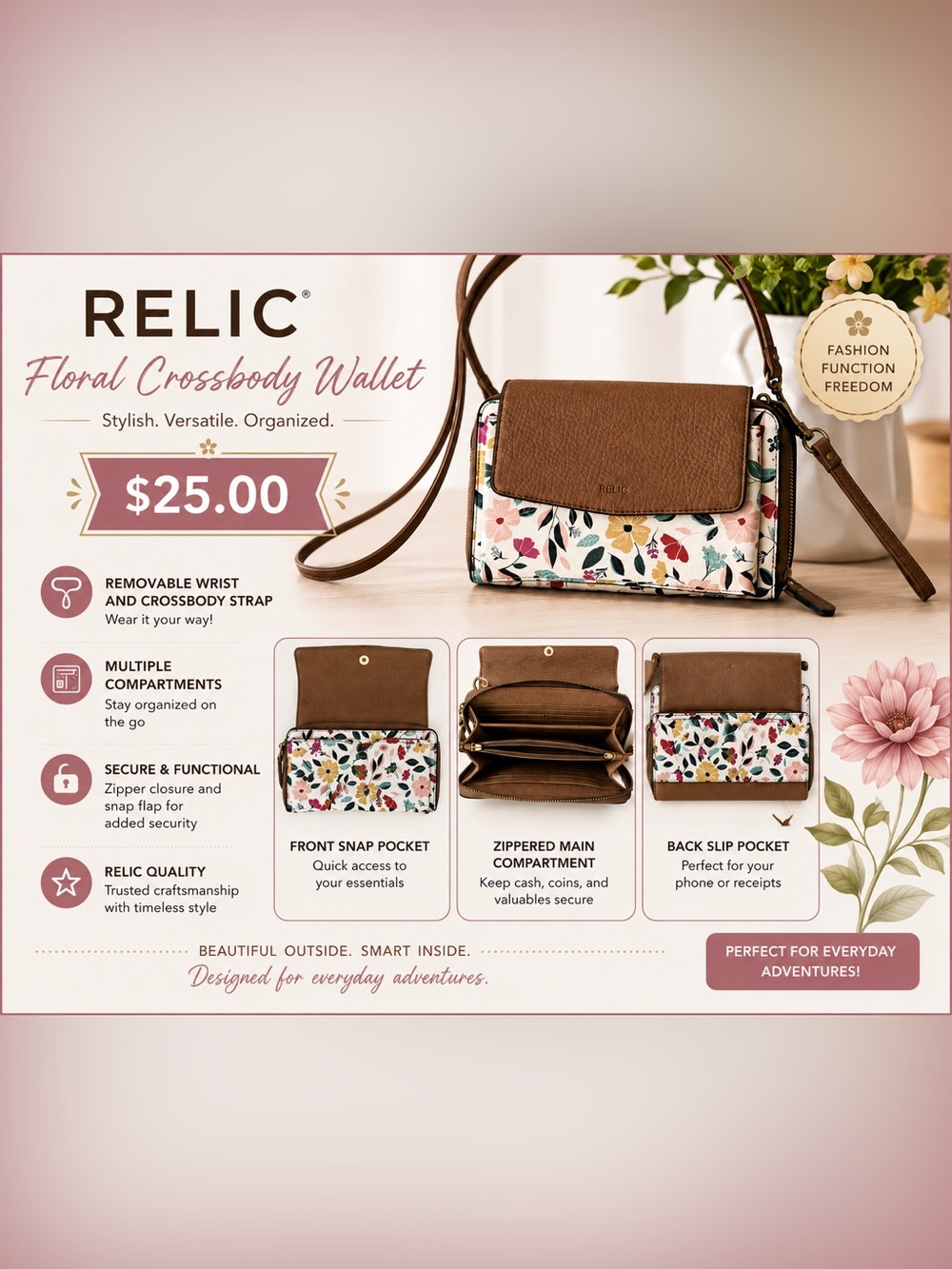Like New Relic Brown Floral Crossbody/Wristlet Bag
